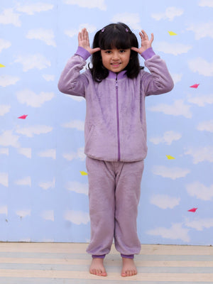 Twinning Set: Purple Fluffies Womens and Kid Fleece Night Suits - Twinning Combo