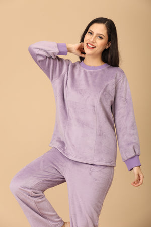 Twinning Set: Purple Fluffies Womens and Kid Fleece Night Suits - Twinning Combo