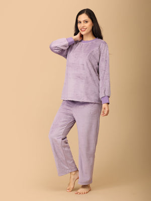 Twinning Set: Purple Fluffies Womens and Kid Fleece Night Suits - Twinning Combo