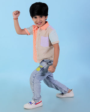 Twinning Set-Rainbow Charm Checkered Boys Casual Shirt with Girls Casual Dress - Twinning Combo