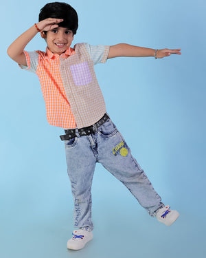 Twinning Set-Rainbow Charm Checkered Boys Casual Shirt with Girls Casual Dress - Twinning Combo