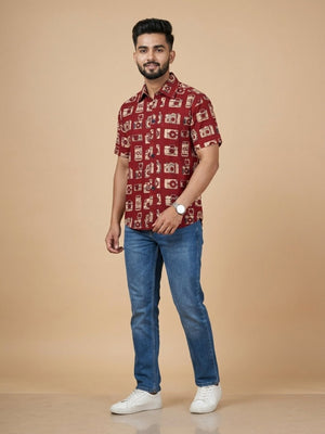 Twinning Set - Rust Snap Squad Print Men's Shirt and Boy's Shirt - Twinning Combo