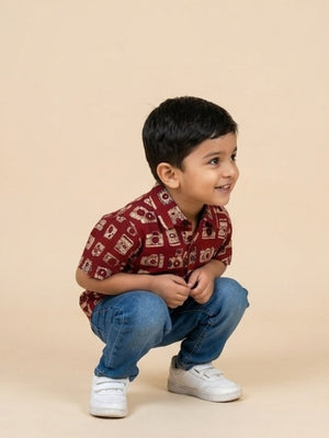 Twinning Set - Rust Snap Squad Print Men's Shirt and Boy's Shirt - Twinning Combo