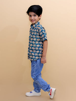 Twinning Set-Teal Elephant Print Mens Shirt with Teal Elephant Print Boys Shirt - Twinning Combo