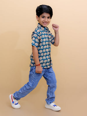 Twinning Set-Teal Elephant Print Mens Shirt with Teal Elephant Print Boys Shirt - Twinning Combo