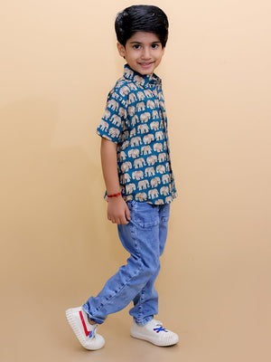 Twinning Set-Teal Elephant Print Mens Shirt with Teal Elephant Print Boys Shirt - Twinning Combo