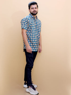 Twinning Set-Teal Elephant Print Mens Shirt with Teal Elephant Print Boys Shirt - Twinning Combo