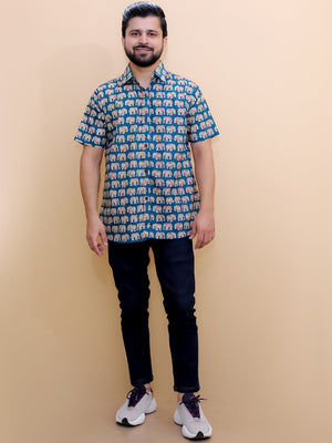 Twinning Set-Teal Elephant Print Mens Shirt with Teal Elephant Print Boys Shirt - Twinning Combo