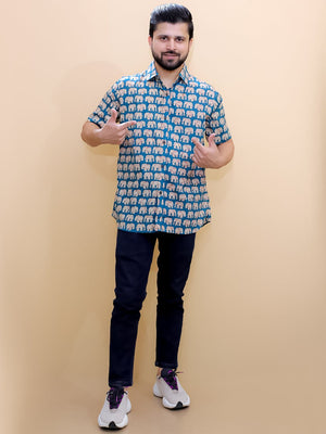 Twinning Set-Teal Elephant Print Mens Shirt with Teal Elephant Print Boys Shirt - Twinning Combo