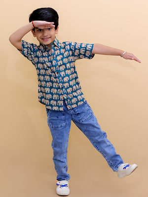 Twinning Set-Teal Elephant Print Mens Shirt with Teal Elephant Print Boys Shirt - Twinning Combo