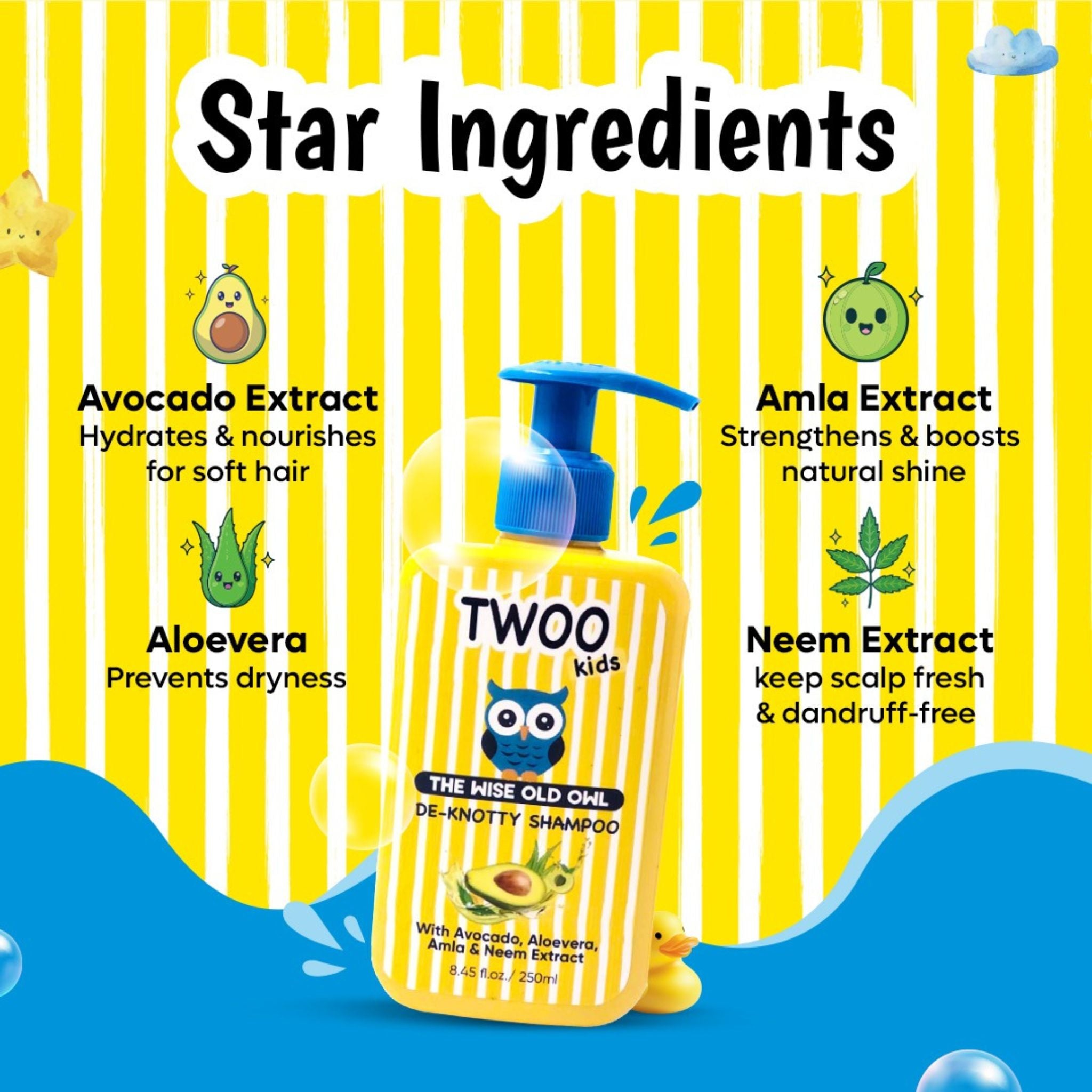 TWOO Kids De - Knotty Shampoo with Avocado, Aloe Vera, Amla & Neem Extract – Gentle Care for Soft, Manageable Hair – 250ml - 8906002231799