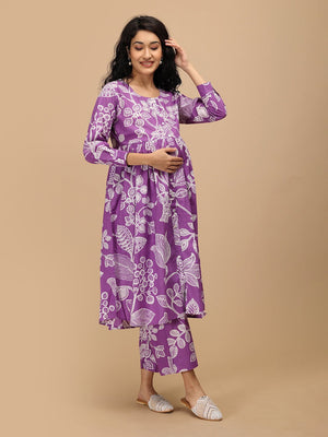 Angled front view of ultra-violet floral printed nursing Anarkali kurta set with full sleeves and straight pants