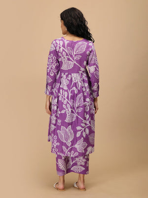 Back view of ultra-violet floral printed maternity Anarkali kurta showing gathered waist and full sleeves
