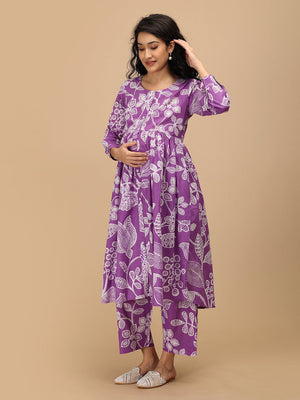 Pregnant model showcasing ultra-violet floral printed maternity Anarkali kurta with empire waist and matching pants.