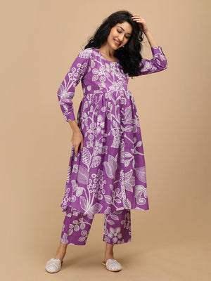 Model wearing an ultra-violet floral printed nursing and maternity Anarkali kurta with matching straight pants.