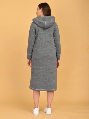 Back view of grey maternity and nursing hoodie dress showing hood and straight relaxed fit.