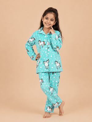 Unicorn Slumber Party Fleece Night Suit - Aqua Baby Pyjamas Set