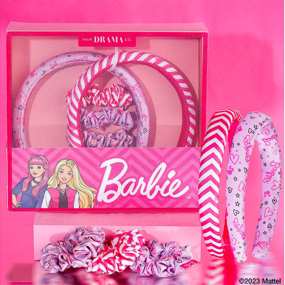 Hair Drama Co Barbie Kids Everyday Basics Gift Box With 2 Satin Puff Hair Bands & 3 Satin Scrunchies