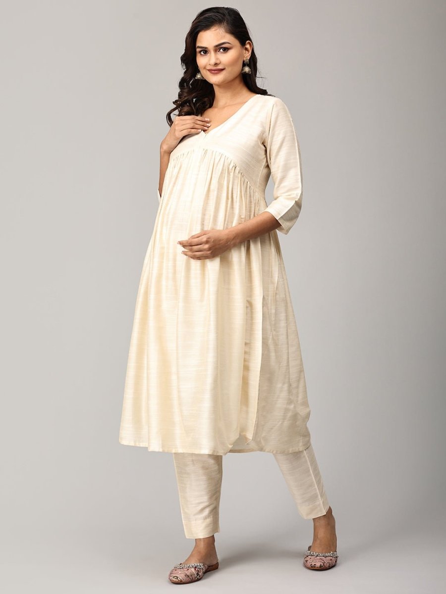 Vanilla Chai Maternity and Nursing Silk Kurta Set With Dupatta