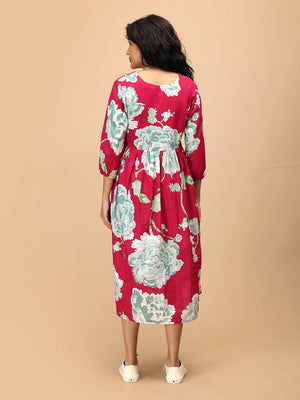Back view of The Mom Store Velvet Petals maternity and nursing dress in pink floral pattern.