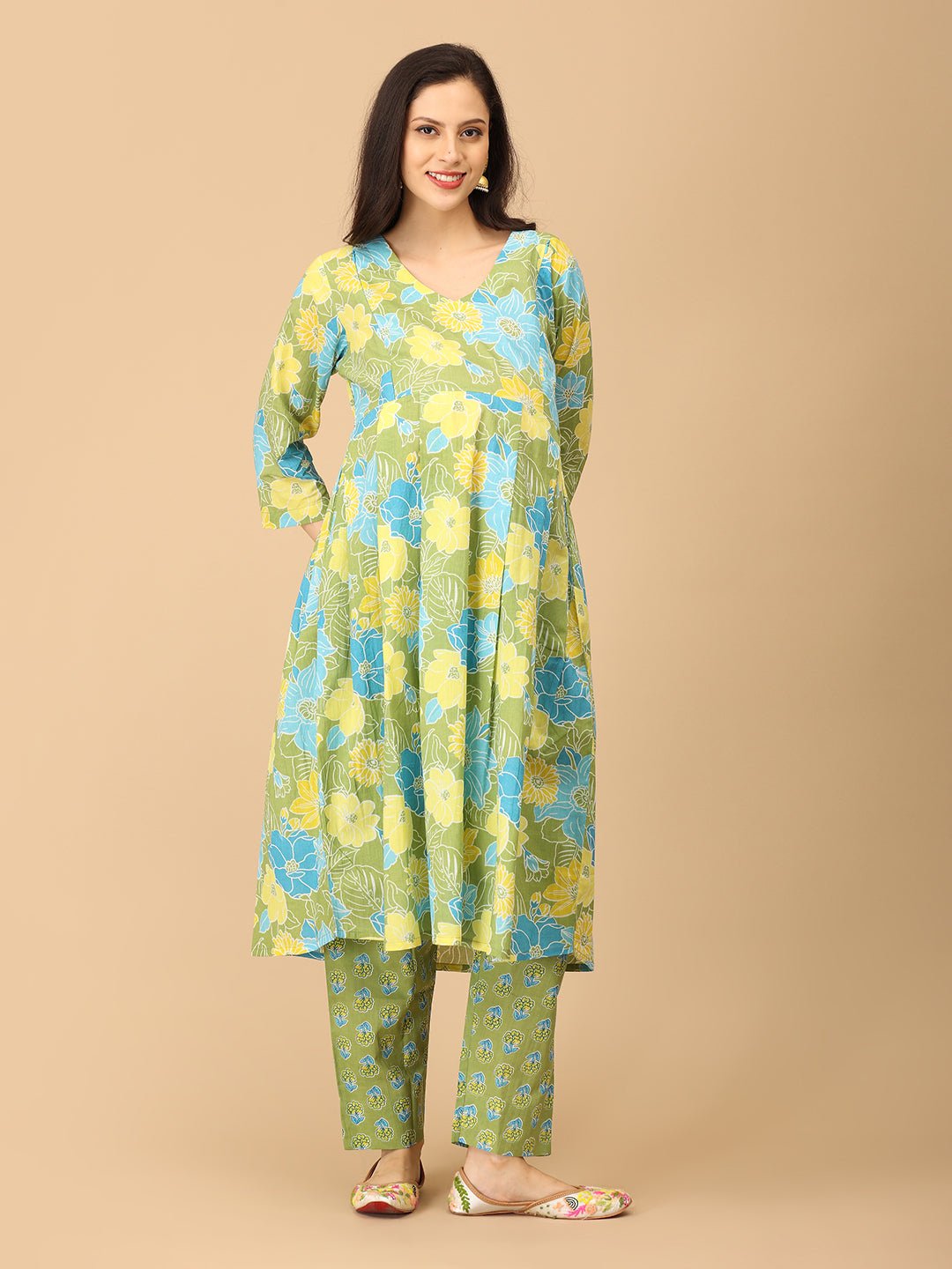 Verdant Ease Maternity and Nursing Kurta Set With Dupatta - MEW - SK - VRDE - S