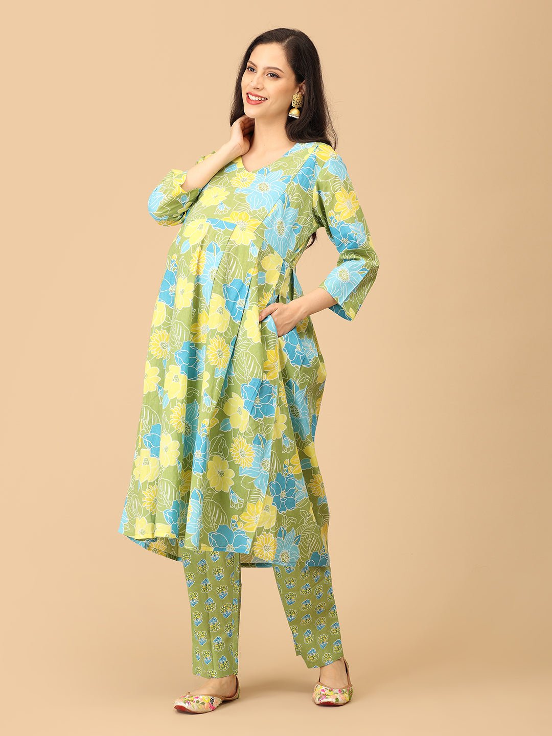 Verdant Ease Maternity and Nursing Kurta Set With Dupatta - MEW - SK - VRDE - S