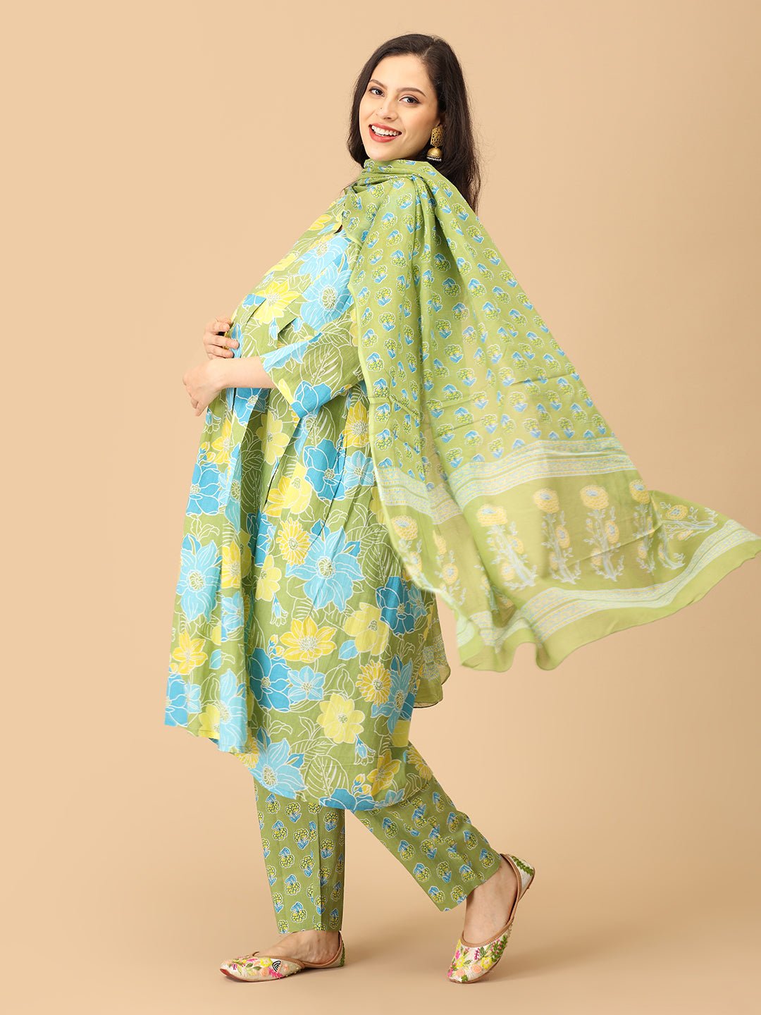 Verdant Ease Maternity and Nursing Kurta Set With Dupatta - MEW - SK - VRDE - S