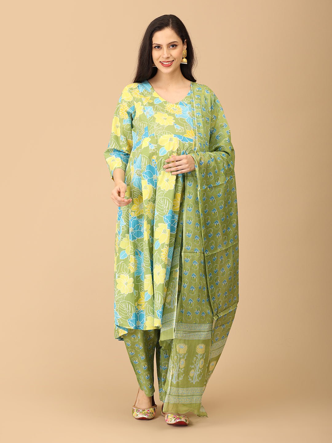 Verdant Ease Maternity and Nursing Kurta Set With Dupatta - MEW - SK - VRDE - S