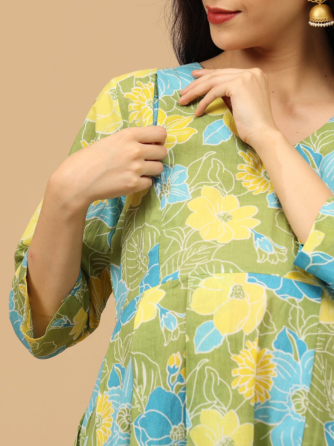 Verdant Ease Maternity and Nursing Kurta Set With Dupatta - MEW - SK - VRDE - S