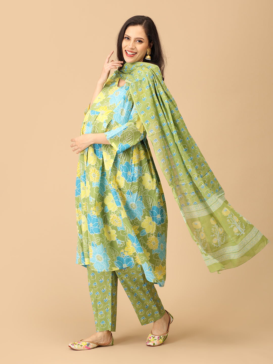 Verdant Ease Maternity and Nursing Kurta Set With Dupatta - MEW - SK - VRDE - S
