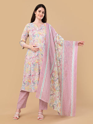 Vivid Vibes Maternity and Nursing Kurta Set With Dupatta - S Maternity Ethnic Set