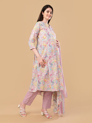 Vivid Vibes Maternity and Nursing Kurta Set With Dupatta - S Maternity Ethnic Set