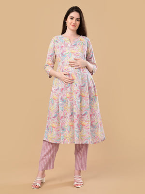 Vivid Vibes Maternity and Nursing Kurta Set With Dupatta - S Maternity Ethnic Set