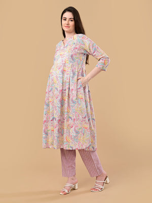 Vivid Vibes Maternity and Nursing Kurta Set With Dupatta - S Maternity Ethnic Set
