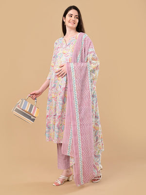 Vivid Vibes Maternity and Nursing Kurta Set With Dupatta - S Maternity Ethnic Set