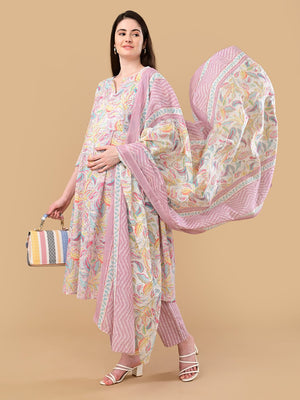 Vivid Vibes Maternity and Nursing Kurta Set With Dupatta - S Maternity Ethnic Set