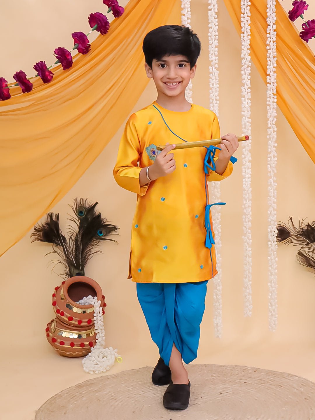 Vrindavan Vibe Embroidered Boys Dhoti Kurta Set - KES - BK - VREBD - 0 - 6