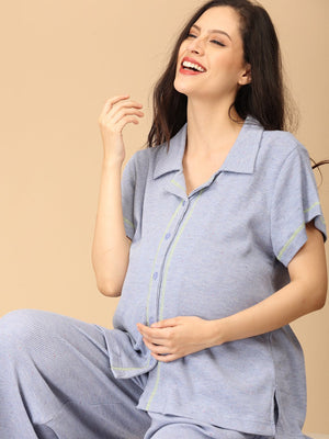 Pregnant model wearing Waffle Cloud Maternity and Nursing Pajama Set from the mom store sitting and laughing