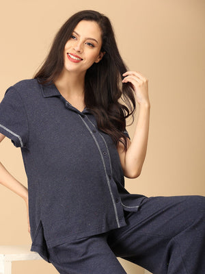 Close up of a Pregnant lady wearing Waffle Walks Maternity and Nursing Pajama Set from the mom store