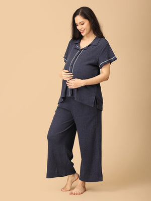 Close up of a Pregnant lady wearing Waffle Walks Maternity and Nursing Pajama Set from the mom store touching her belly