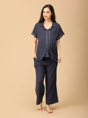 Close up of a Pregnant lady wearing Waffle Walks Maternity and Nursing Pajama Set from the mom store looking to her side