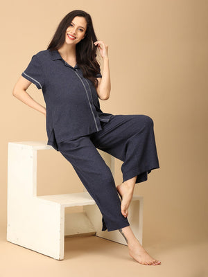 Pregnant lady wearing Waffle Walks Maternity and Nursing Pajama Set from the mom store