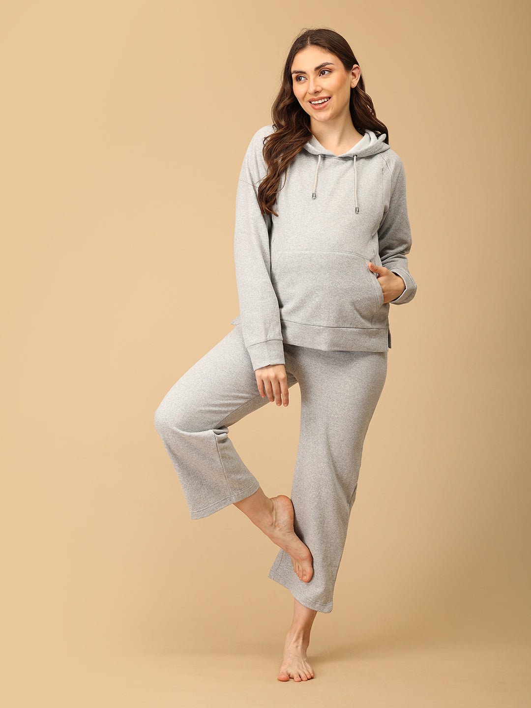 WFH Grey Maternity And Nursing Hoodie Pajama Loungewear Set