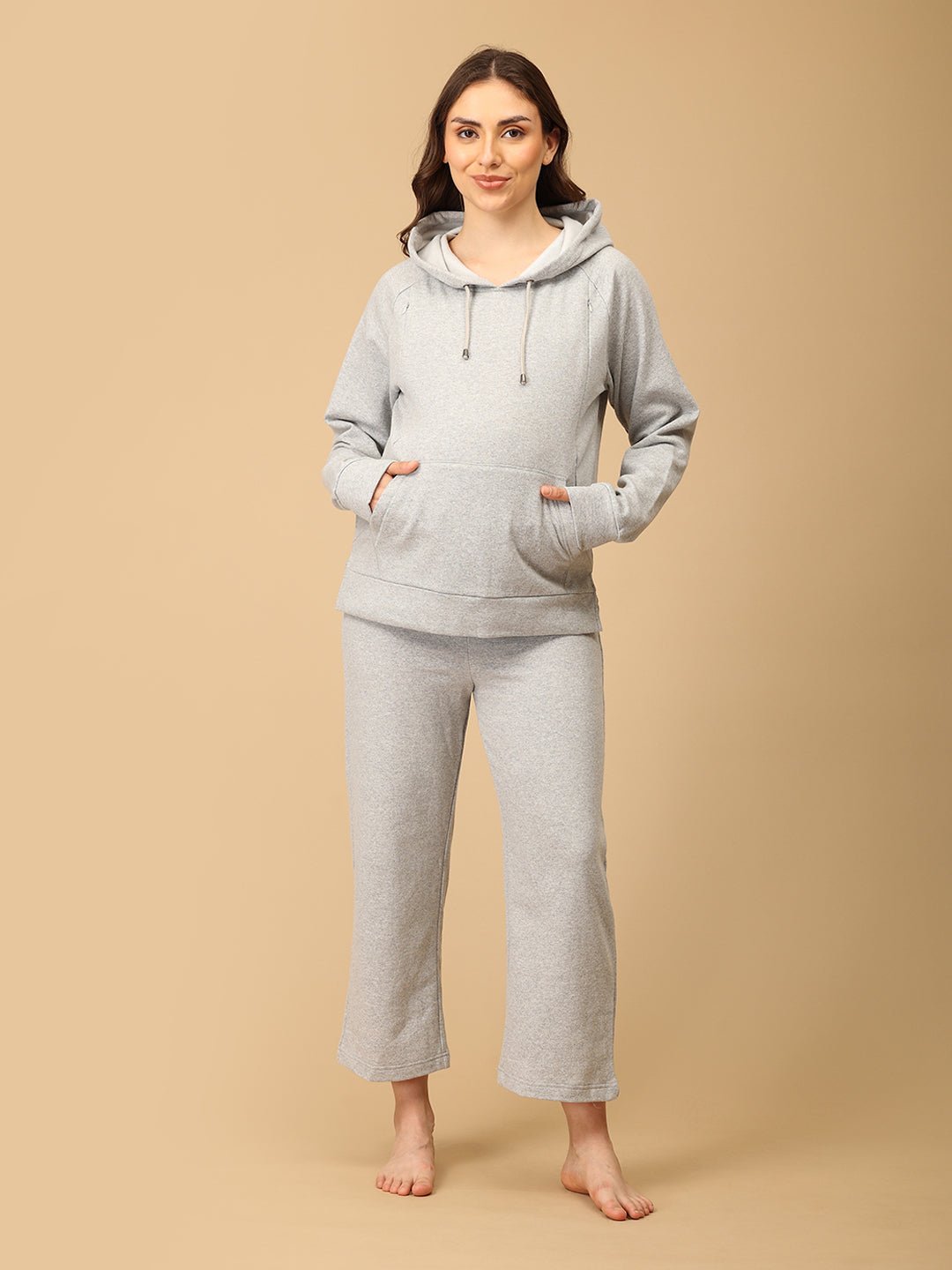 WFH Grey Maternity And Nursing Hoodie Pajama Loungewear Set