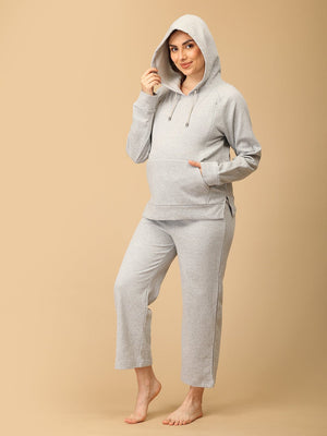 WFH Grey Maternity And Nursing Hoodie Pajama Loungewear Set