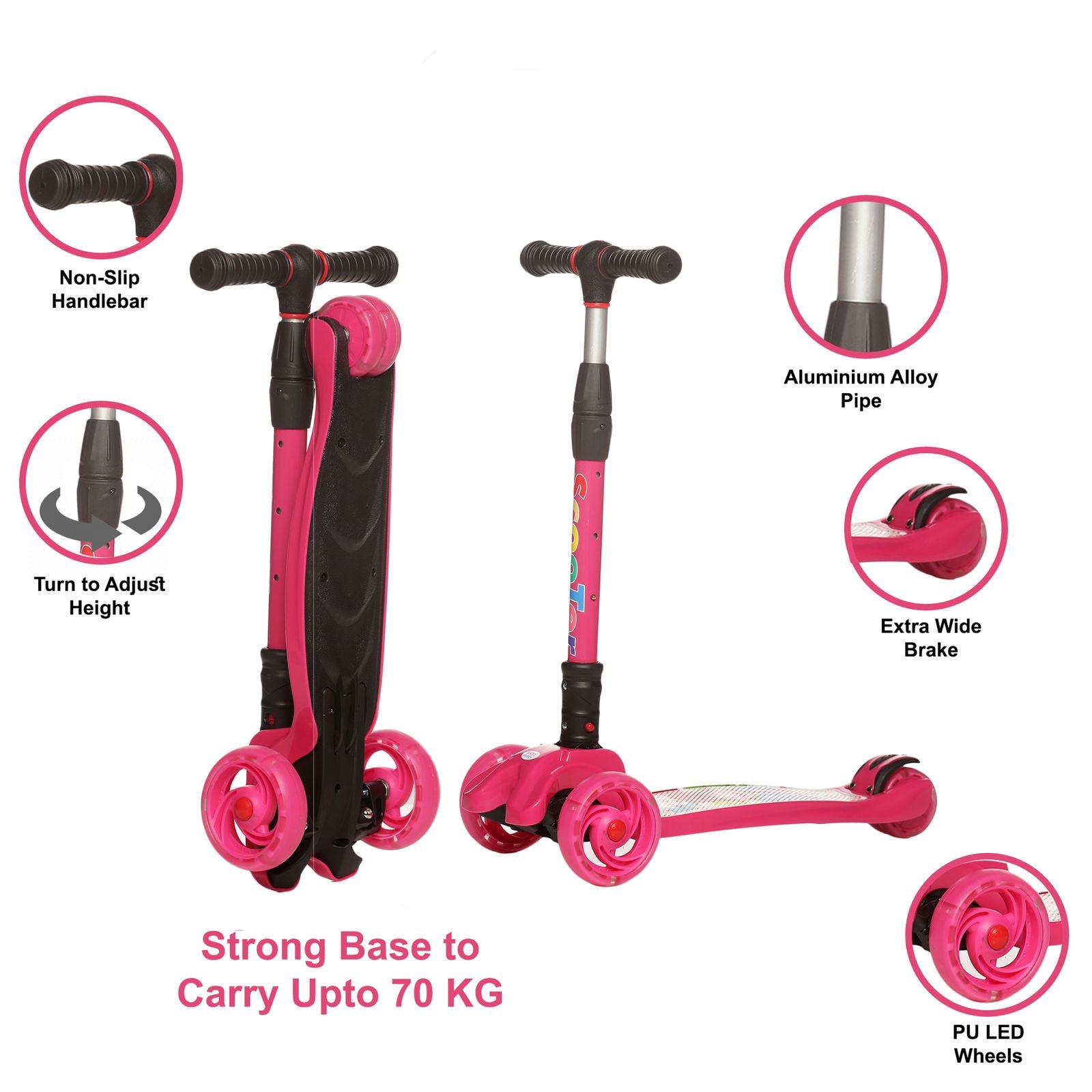 HAPPY BEAR - Kick Scooter with Adjustable Handlebar, LED PU Wheels with Brake