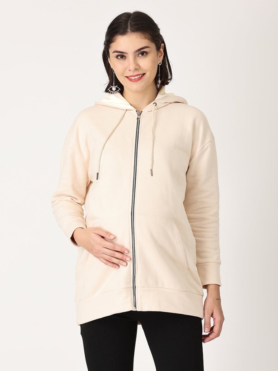 Whispering Cream Oversized Maternity Zipper Hoodie - MNSWT - WHSPIC - M