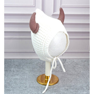 White Baby Horns Knitted soft Woolen Winter Cap with tie up, 6 - 18 months - 6 - 18 Months Winter Wear