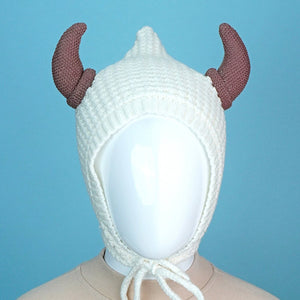 White Baby Horns Knitted soft Woolen Winter Cap with tie up, 6 - 18 months - 6 - 18 Months Winter Wear