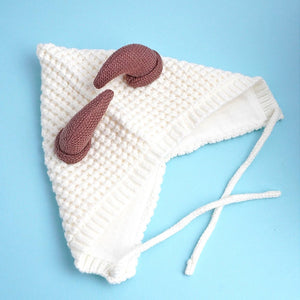 White Baby Horns Knitted soft Woolen Winter Cap with tie up, 6 - 18 months - 6 - 18 Months Winter Wear